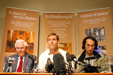 Former Iraq hostages, James Loney of Canada, (C) Norman Kember of the United Kingdom (L) and Harmeet Singh Sooden of New Zealand (R)