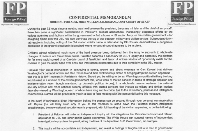 Image of alleged Memo from Pakistan''s "Memogate" scandal