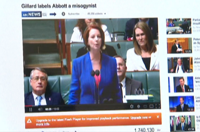 Youtube image from viral video of Australia PM Julia lambasting opposition leader - still from Andrew Thomas package