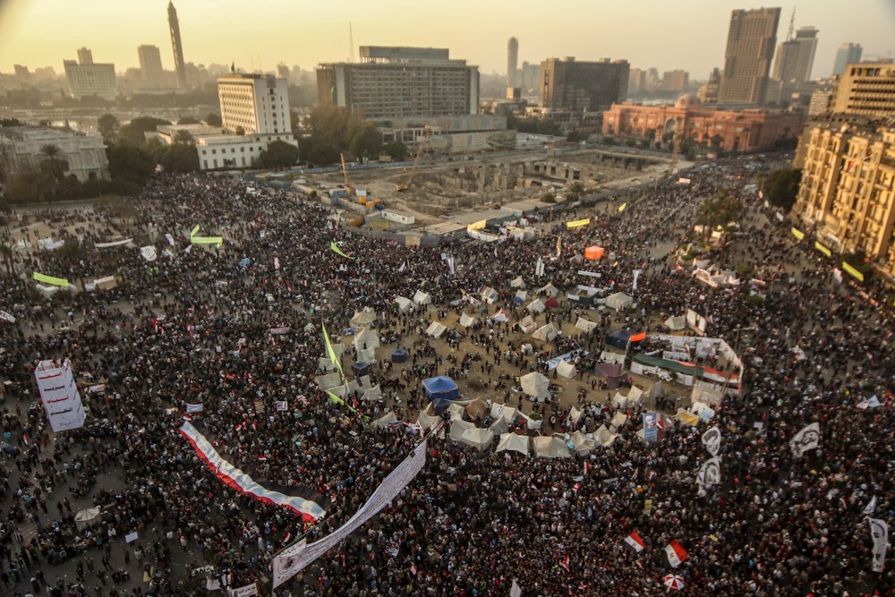 Crowds began to pack Tahrir Square and the surrounding streets on Friday to mark two years since the revolution that toppled Hosni Mubarak from power.