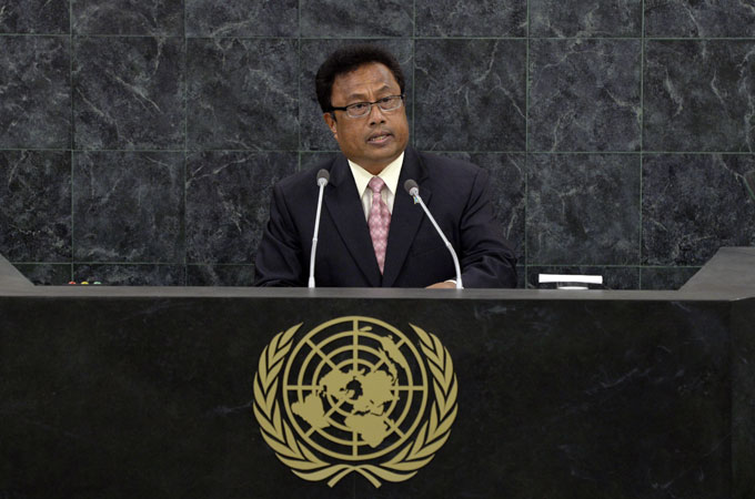 Tommy Esang Remengesau, President of Palau, addresses the 68th session of the General Assembly at United Nations headquarters, Wednesday, Sept. 25, 2013. [AP]