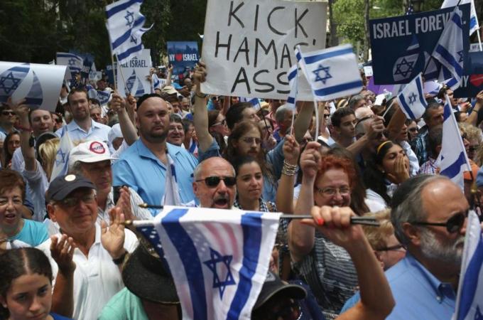 The Israeli right or wrong lobbies have supported Israel's claims that by attacking Hamas for their rocket attacks on Israeli cities, they were defending Israel, writes Rees. [Getty Images]