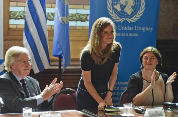 Uruguay's vice president applauds after a speech by Emma Watson in the Parliament in Montevideo [AP]