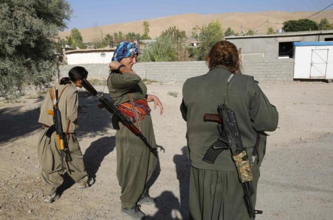 Female members of the PKK near the frontline of the fight against ISIL in Makhmur [Reuters]