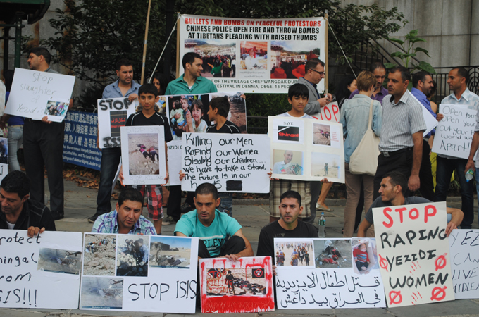 Yazidi protesters at the UN called for humanitarian aid for their besieged relatives in Iraq [Purvi Thacker]