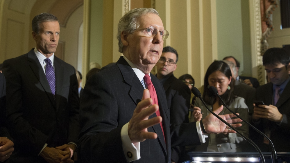 Senate Republican leadership speaks to members of the news media following a Democratic policy lucheon