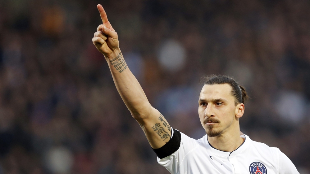 Zlatan Ibrahimovic of Paris St Germain celebrates after scoring against Girondins Bordeaux during their French Ligue 1 soccer match at Chaban Delmas stadium in Bordeaux