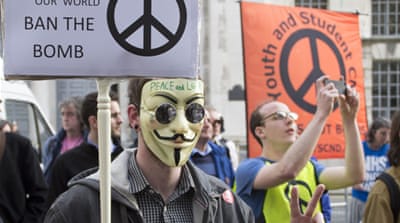 Protesters outside the British Ministry of Defence [Getty Images]