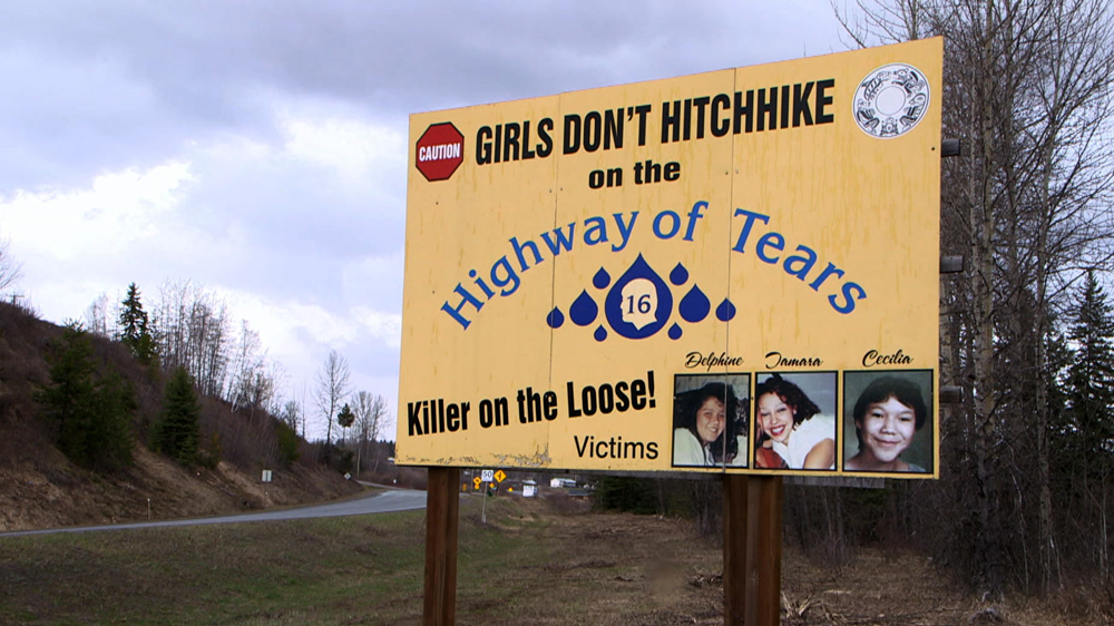 Warning sign on Canada's Highway 16 preventing girls from hitchhiking [Al Jazeera]