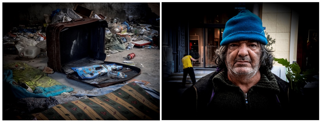 On the left: an abandoned suitcase with clothes left for homeless people to take. Of the image on the right, the photographer, Matina Pashali, says: