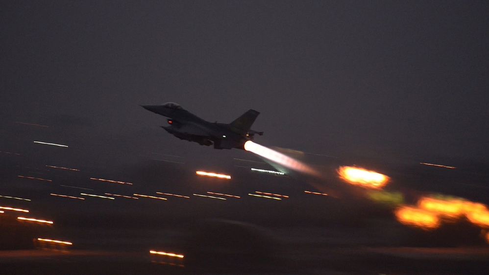 An F-16 Fighting Falcon takes off from Incirlik Air Base, Turkey, as the US launched its first airstrikes by Turkey-based F-16 fighter jets against Islamic State targets in Syria [AP]