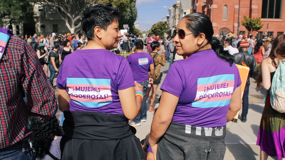 Women from the El/PARA TransLatinas organisation, a family-style support organisation for transgender Latinas based in the San Francisco Bay Area, including executive director Susana Caceres [Amanda Harris] 