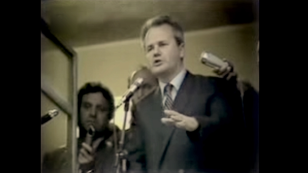 Slobodan Milosevic delivers his speech at the Cultural Centre in 1987