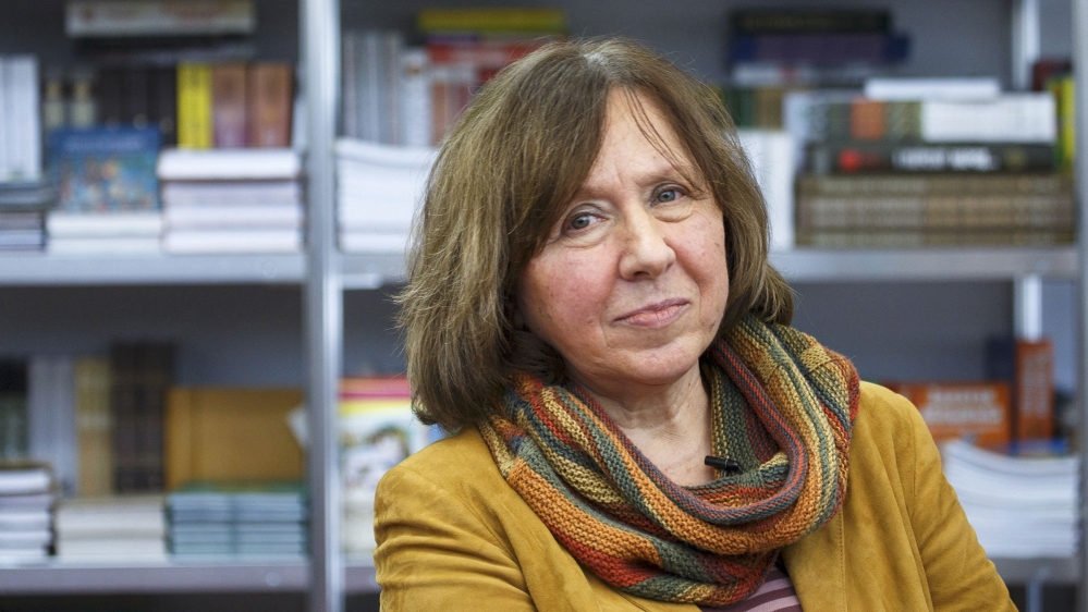 File photo of Belarussian writer Alexievich seen during a book fair in Minsk