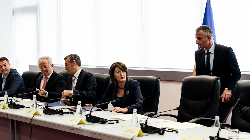 President Jahjaga waits for members of the National Anti-Corruption Council to arrive before beginning the meeting. The president established the Council in 2012 to prevent and combat corruption in Kosovo. It is one of three councils that she heads [Valerie Plesch/Al Jazeera]