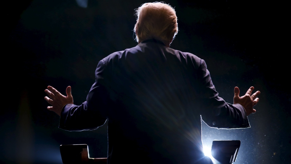 Republican U.S. presidential candidate Trump addresses a Trump for President campaign rally in Macon