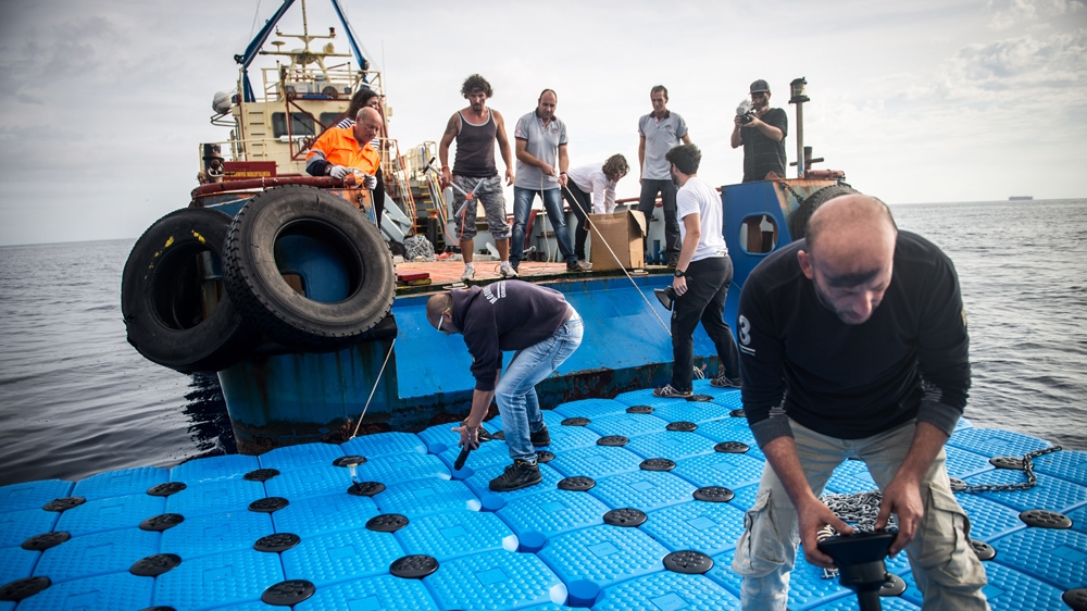  Aylan 1, the first of 1,000 rescue platforms, was installed in the Mediterranean in October 2015 [Alexander Lehmann & Nick Jaussi/Center for Political Beauty] 