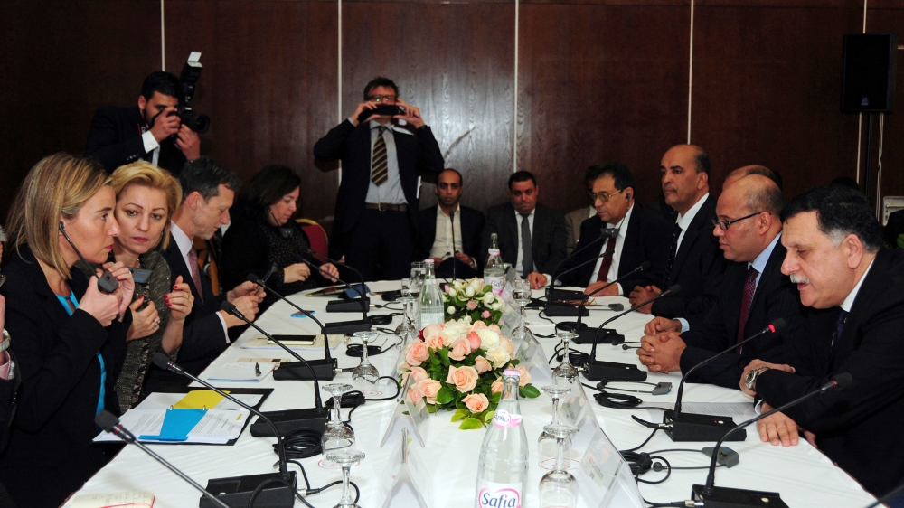 European Union foreign policy chief Federica Mogherini , left, meets Libyan prime minister Fayez Sarraj in Tunis Tunisia