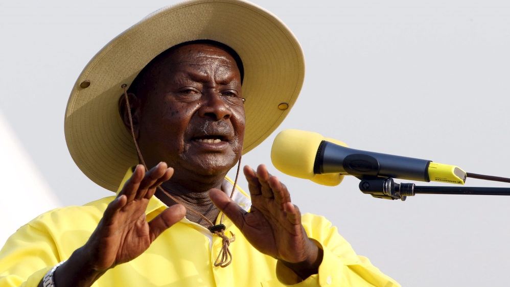 Uganda''s President and ruling party National Resistance Movement presidential candidate Museveni gestures during campaign rally in capital Kampala