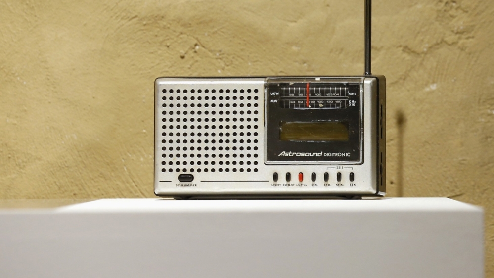 A transistor radio is displayed at the Museum of Broken Relationships installed at the CentQuatre exhibition hall in Paris