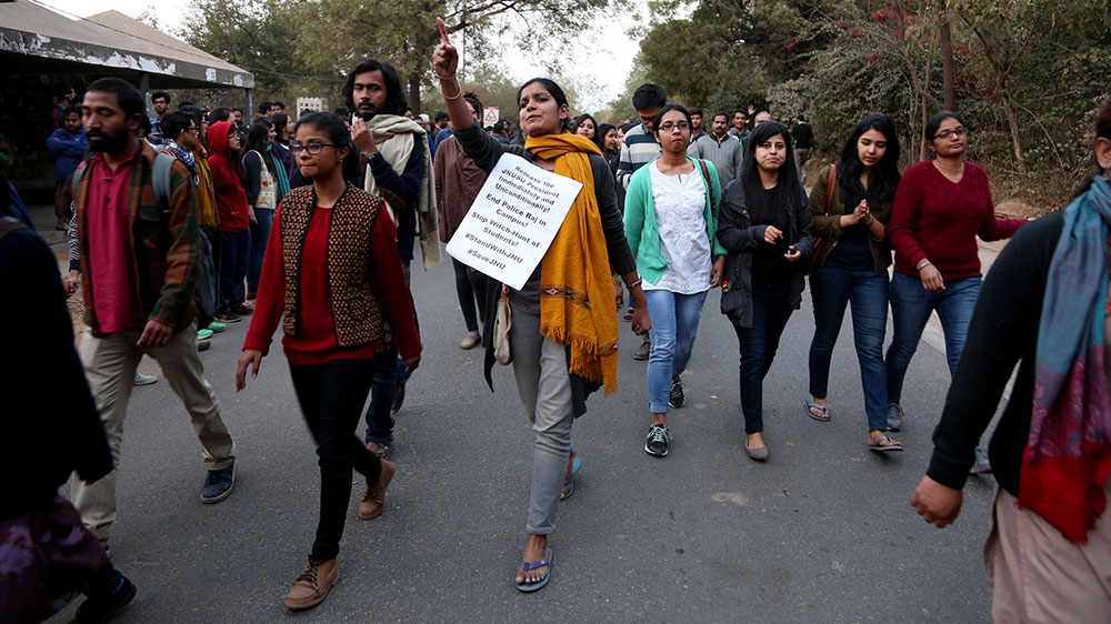 Protesters called for the release of JNU student leader Kanhaiya Kumar [Showkat Shafi/Al Jazeera] [Al Jazeera]
