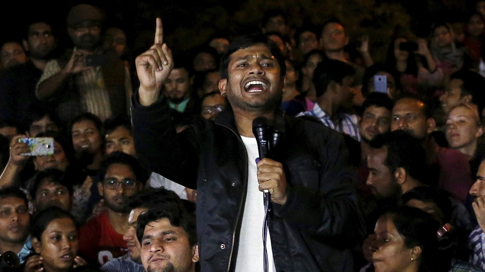 Jawaharlal Nehru University (JNU) student Kanhaiya Kumar addresses students inside the university campus after being released on bail from a Delhi prison in New Delhi
