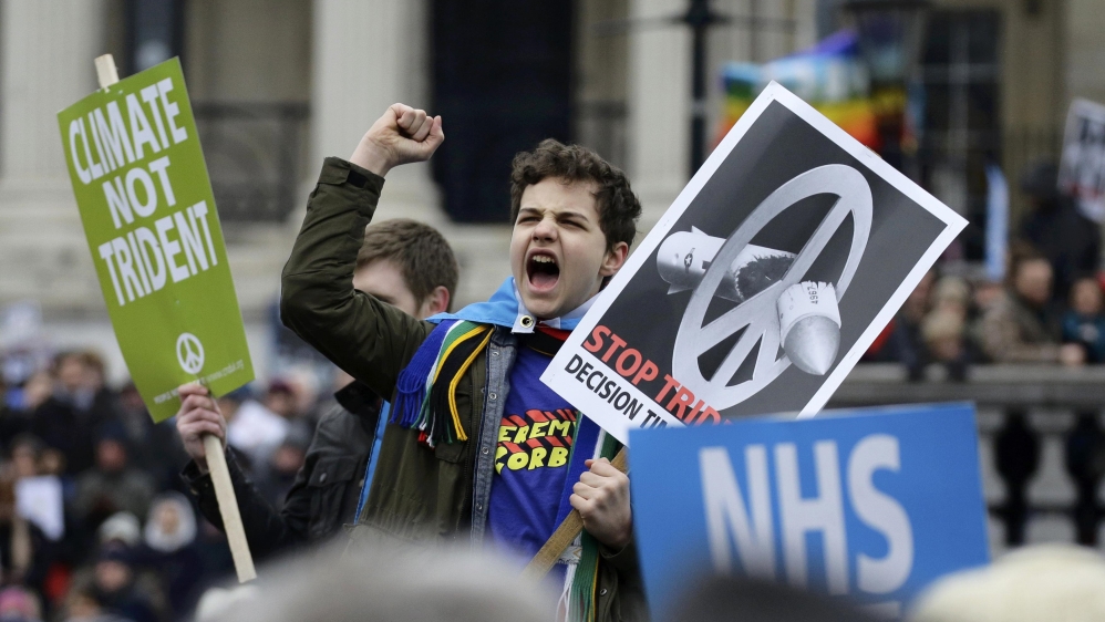 A protest against the Trident nuclear missile system in London on February 27 [Kevin Coombs/Reuters]