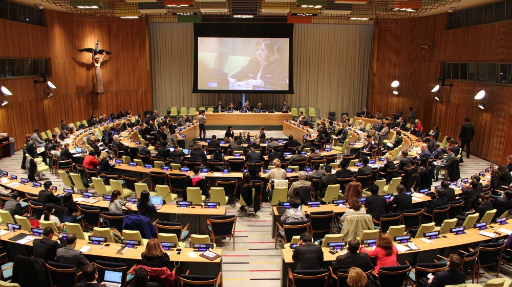 Natalia Gherman, former deputy prime minister of Moldova, speaks in front of the General Assembly [Stephanie Ott/Al Jazeera]