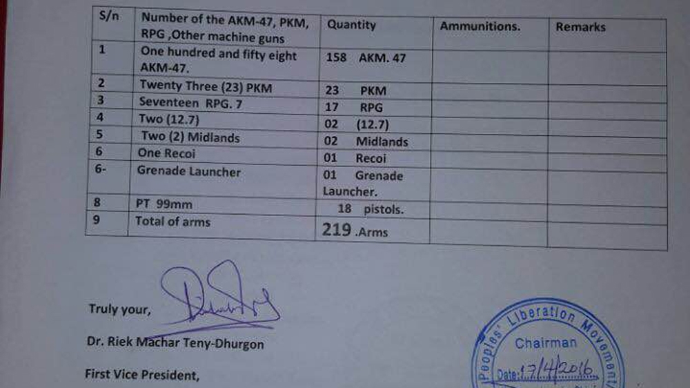 Riek Machar weapons manifest
