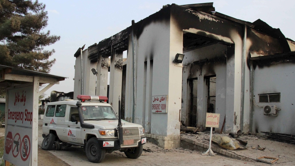 A vehicle is parked in front of a damaged building at Medecins Sans Frontieres (MSF) in Kunduz, Afghanistan