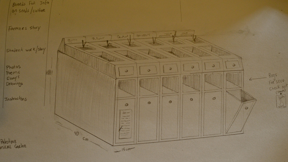 From the seed library, sketched here, anyone would be able to borrow seeds to grow their own plants [Photo courtesy of Vivien Sansour]