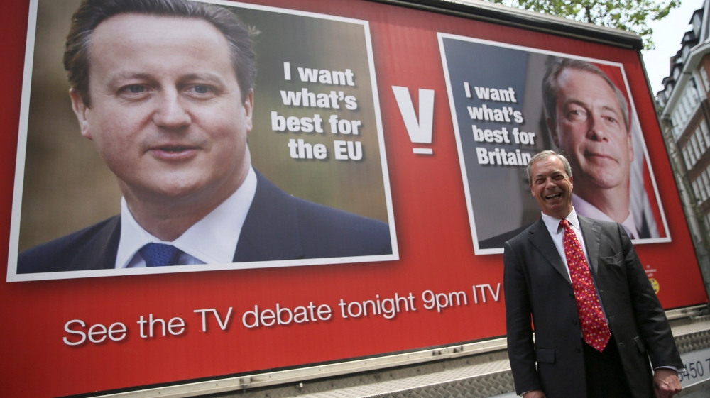 Leader of the United Kingdom Independence Party (UKIP) Nigel Farage poses during a media launch for an EU referendum poster in London