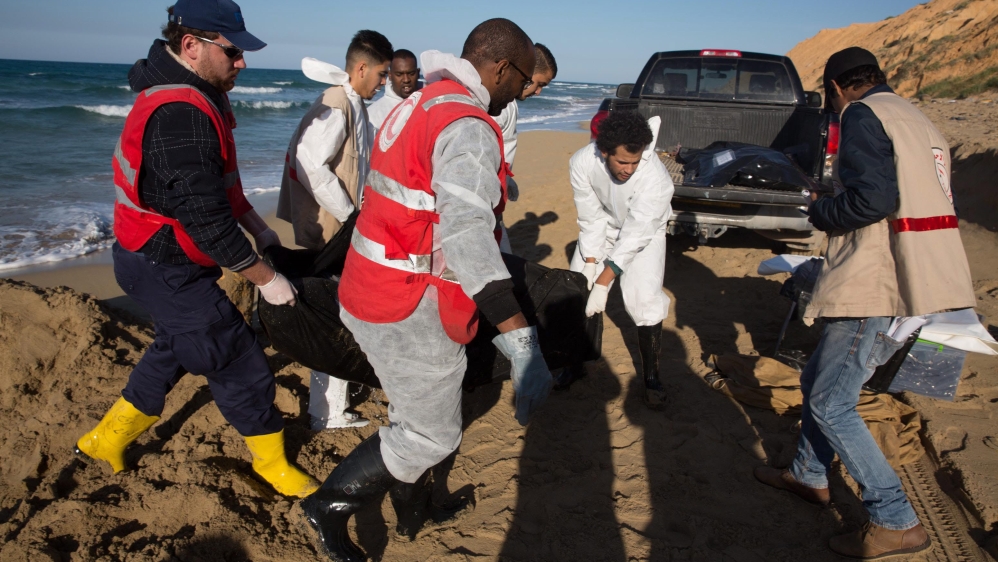 Drowned refugees at coast of Libya