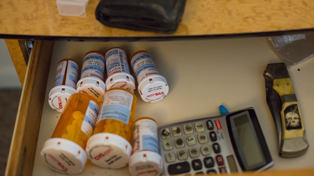  Scott's drawer is full of medicines for his various medical complaints [Carolyn Bick/Al Jazeera] 