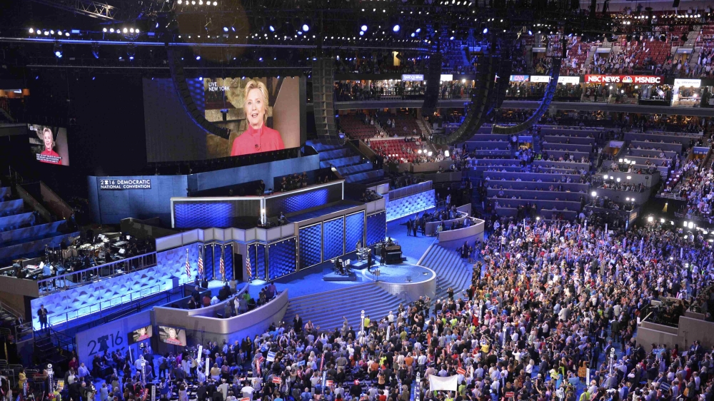 Democratic Presidential candidate Hillary Clinton speaks to the convention via satellite link at the Democratic National Convention in Philadelphia, Pennsylvania