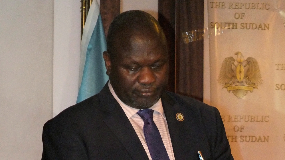 South Sudan First Vice President Machar attends a news conference at the Presidential State House following renewed fighting in South Sudan''s capital Juba
