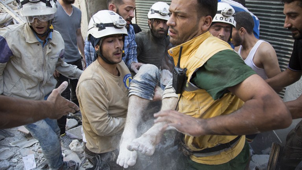 Syrian civil defence volunteers, known as the White Helmets, in Aleppo