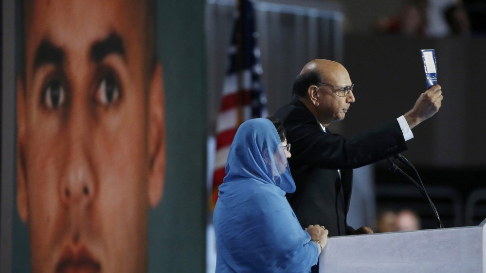 Khizr Khan challenges Republican presidential nominee Donald Trump to read his copy of the U.S. Constitution at the Democratic National Convention in Philadelphia, Pennsylvania