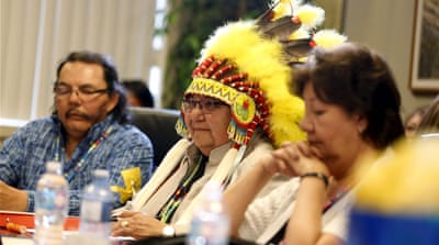 Canadian First Nations' chief in a meeting with Prime Minister Justin Trudeau [Reuters]