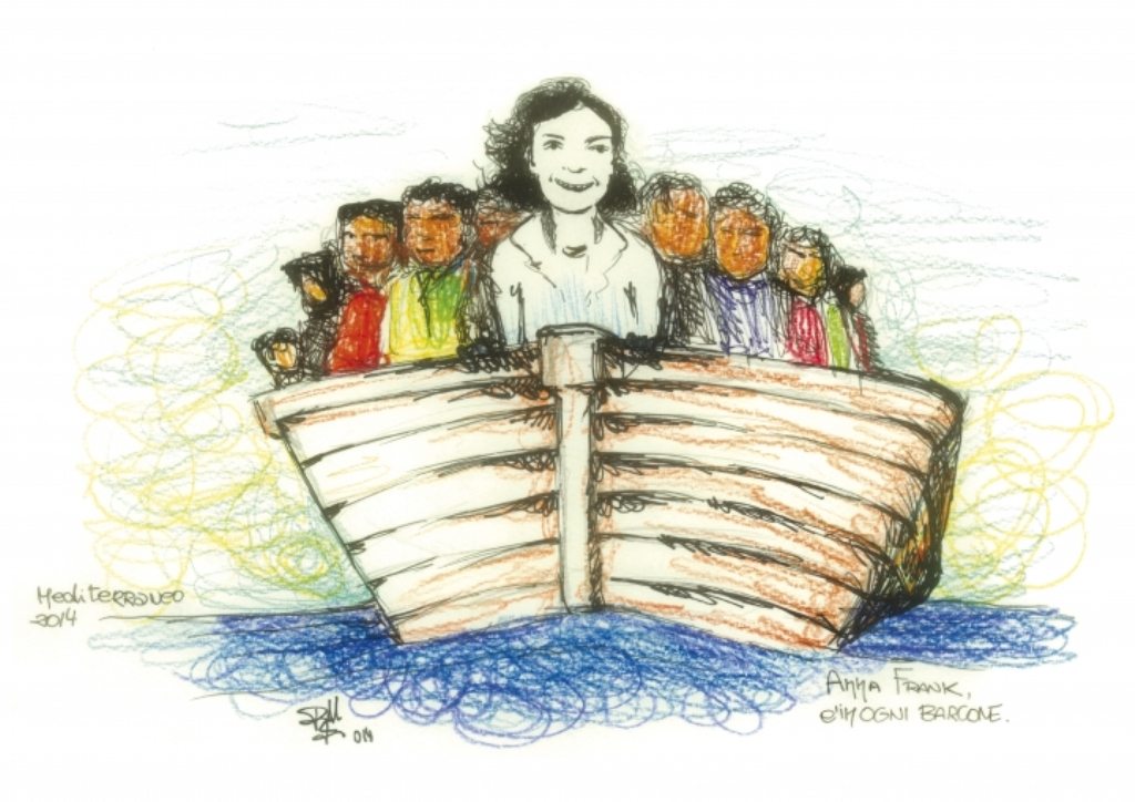 A sketch by Francesco illustrating Holocaust victim, Anne Frank, among the refugees crossing the sea [Drawing by Francesco Piobbichi] 