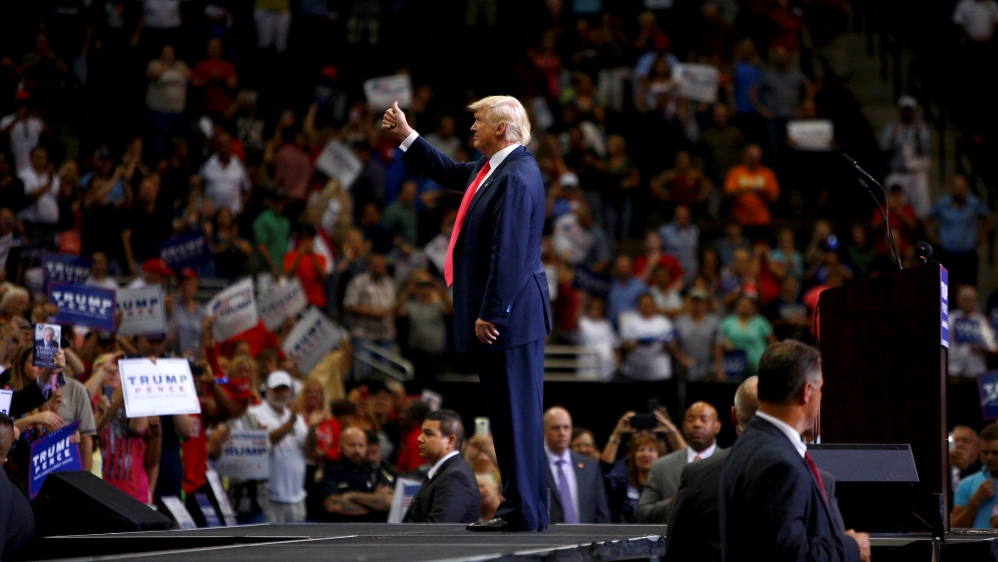 Republican presidential nominee Donald Trump attends a campaign event at the Jacksonville Veterans Memorial Arena in Jacksonville, Florida