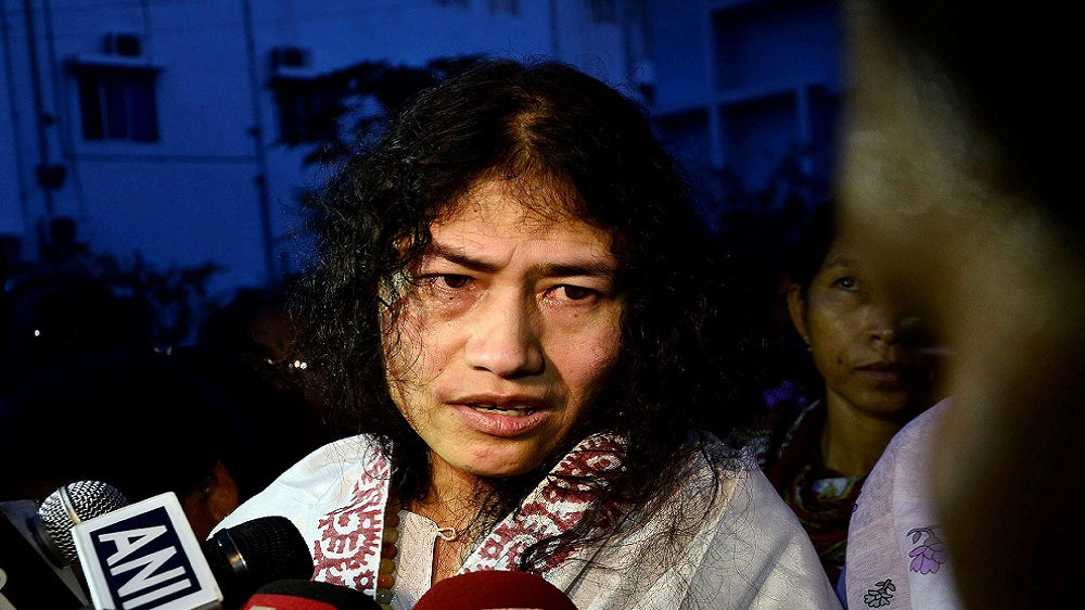 Indian human rights activist Irom Sharmila speaks to the media outside a prison hospital in Imphal
