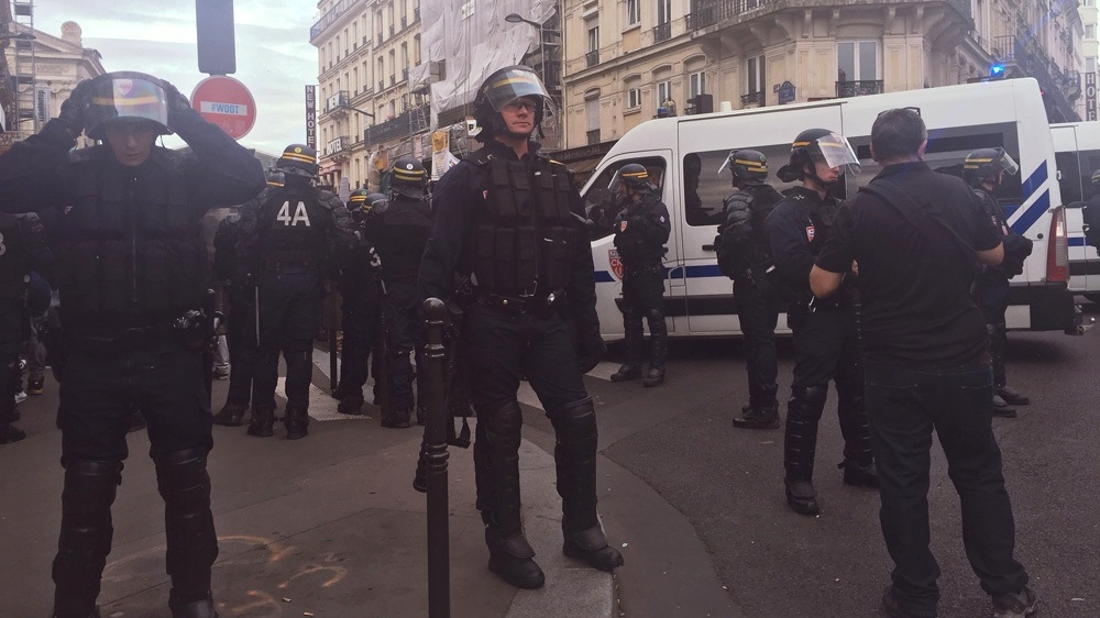 
Riot police gather at the Black lives Matter Protest at Gare Du Nord, Paris [Nabeela Zahir/Al Jazeera] 