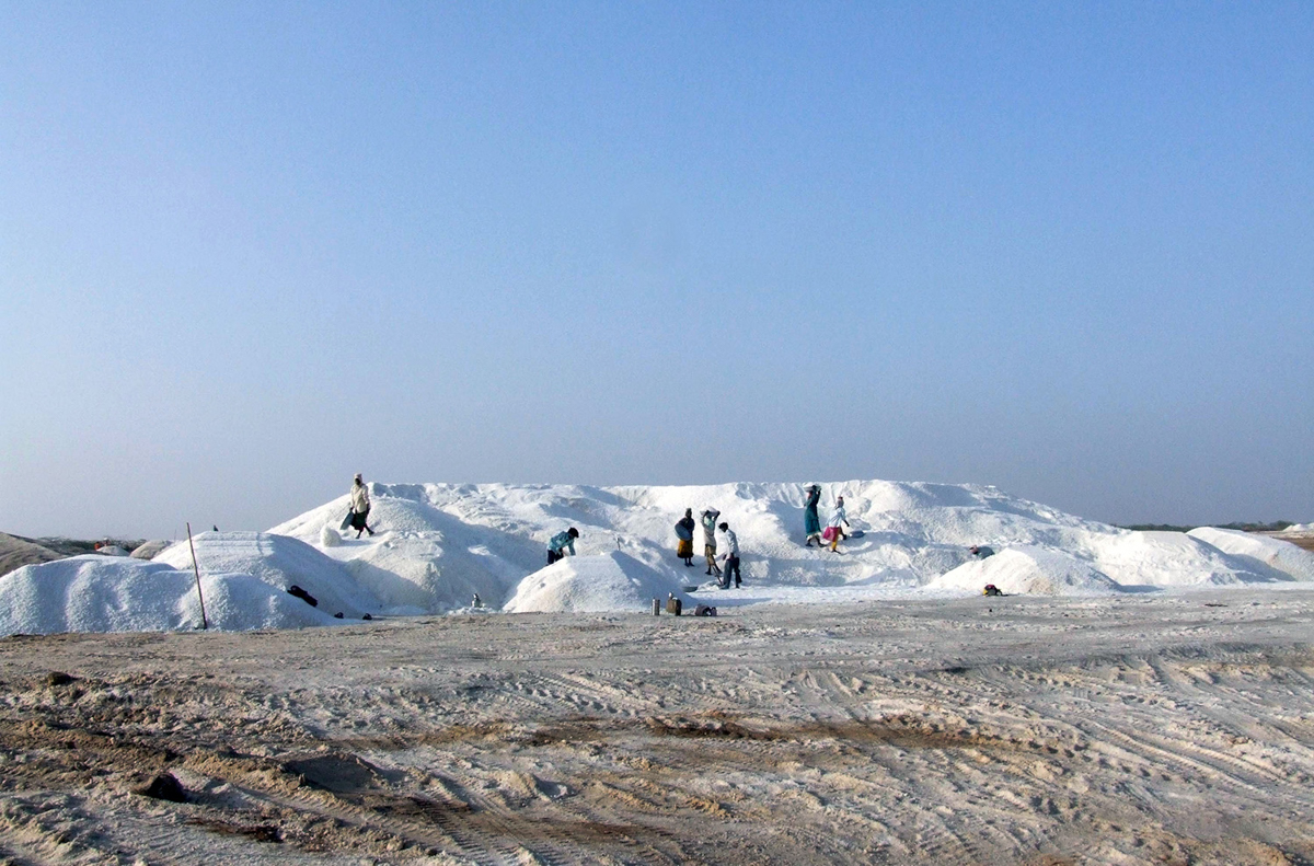 A group of workers at a salt centre from where raw salt is transported to the local salt factories. [Ajay Dhamecha/Al Jazeera]