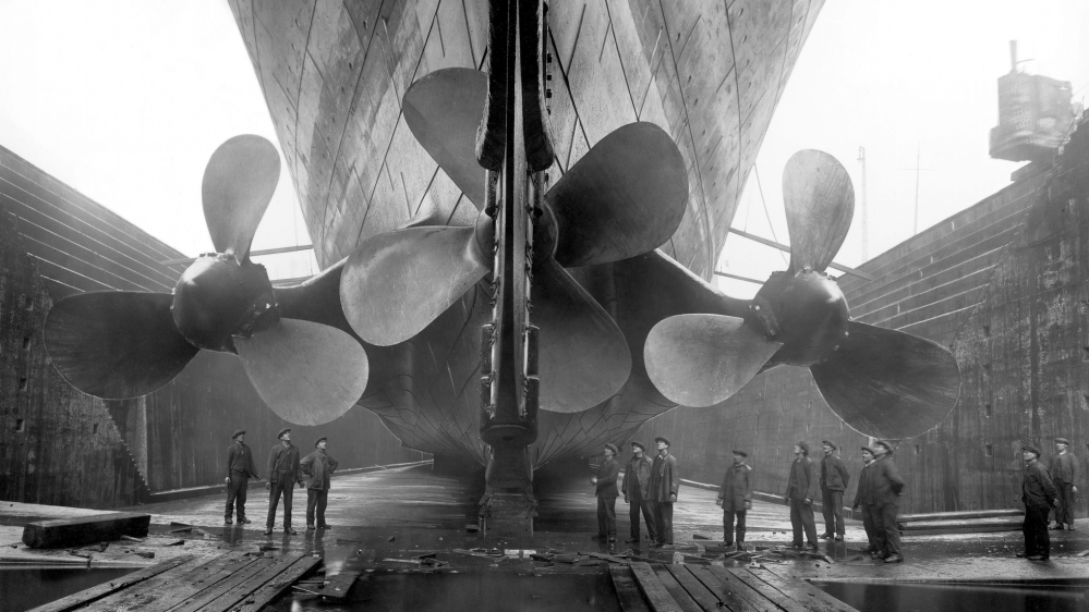 Vintage maritime history photo of the RMS Titanic's propellers as the ship sits in dry dock [John Parrot/Stocktrek Images/Getty]