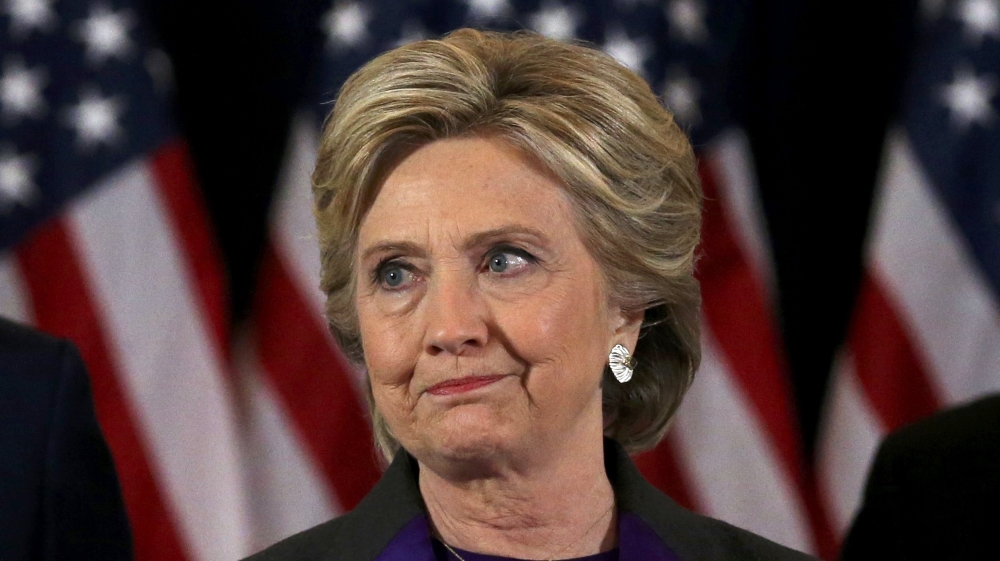Hillary Clinton addresses her staff and supporters about the results of the U.S. election at a hotel in New York