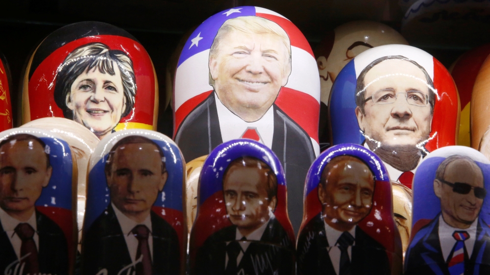 Painted Matryoshka dolls bearing faces of U.S. Republican presidential nominee Trump and Russian President Putin are displayed for sale at souvenir shop in Moscow