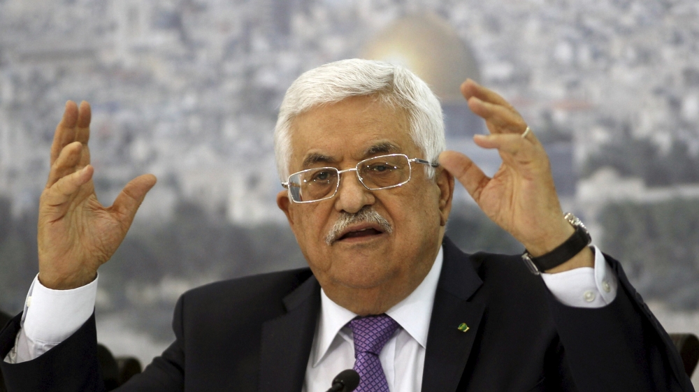 File photo of Palestinian President Mahmoud Abbas gesturing as he meets Palestinian businessmen at his office in the West Bank city of Ramallah