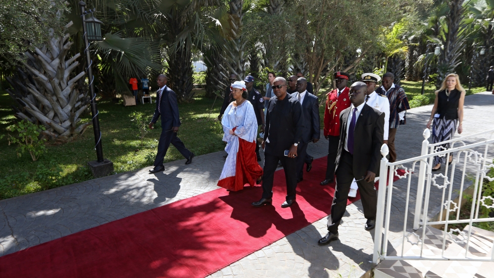 Ghana''s President John Mahama is seen on arrival at Coco Ocean in Banjul
