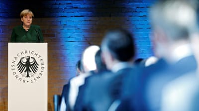 German Chancellor Angela Merkel gives a speech at the 60th anniversary of the founding of the BND in Berlin, November 28, 2016 [Hannibal Hanschke/Reuters]